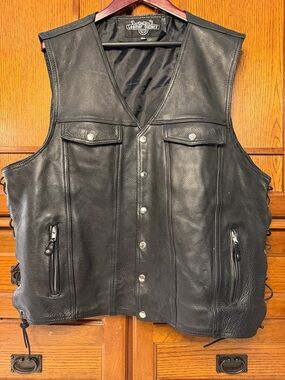 VTG Leather Gallery Classic Leather Lace-Up Sides Motorcycle Club Vest Biker HD